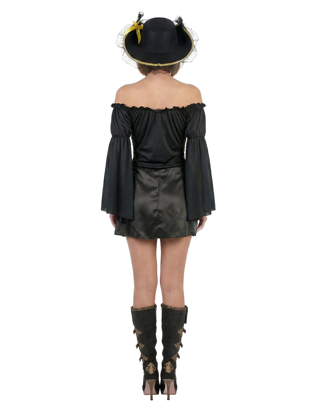 Vue de dos du déguisement de pirate pour femme noir et doré