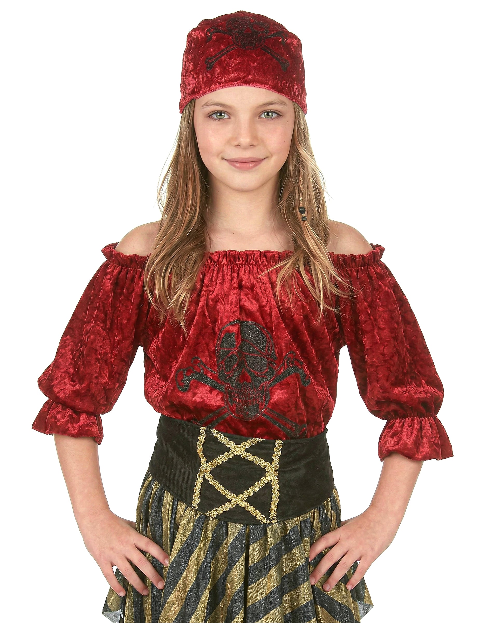 Gros plan sur le haut et le bandana du déguisement pirate rayures dorées
