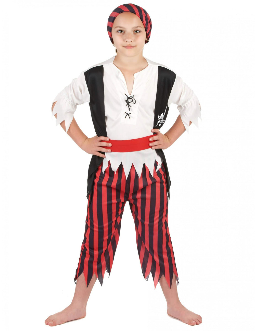 Déguisement de pirate pour garçon à rayures noires et rouges avec bandana