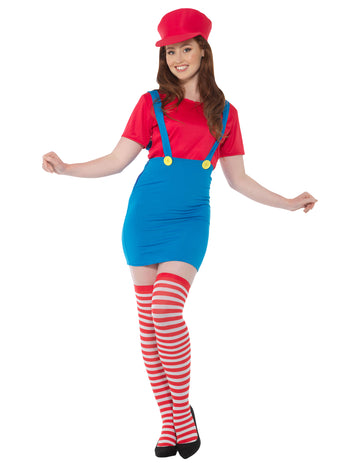 Piros vízvezeték -szerelő jelmez nő