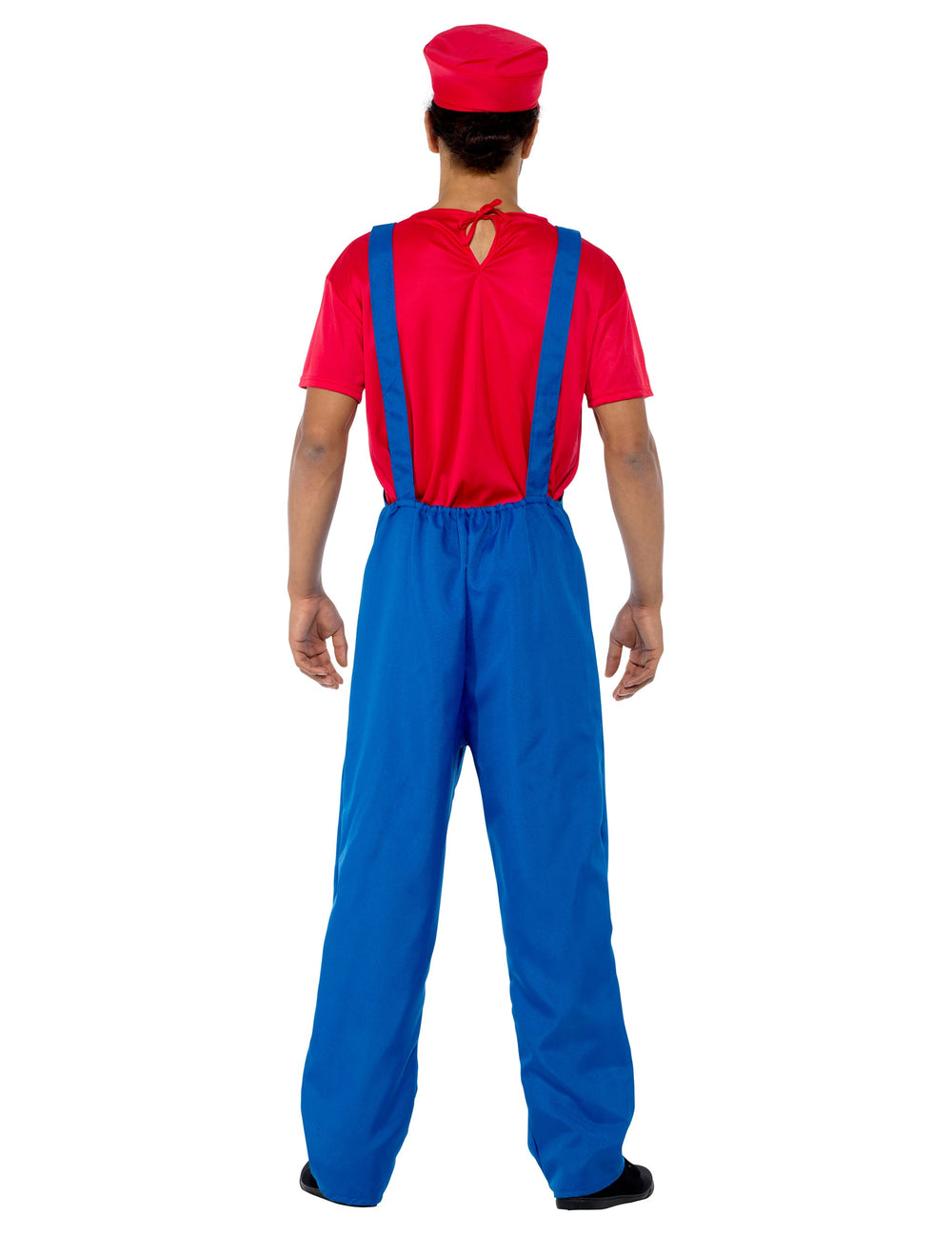 Vue de dos du déguisement de plombier rouge pour homme