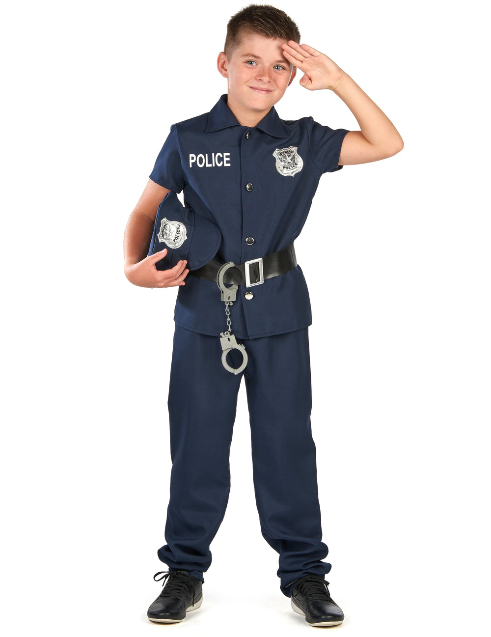 Enfant saluant avec sa casquette du déguisement de policier à manches courtes pour enfant