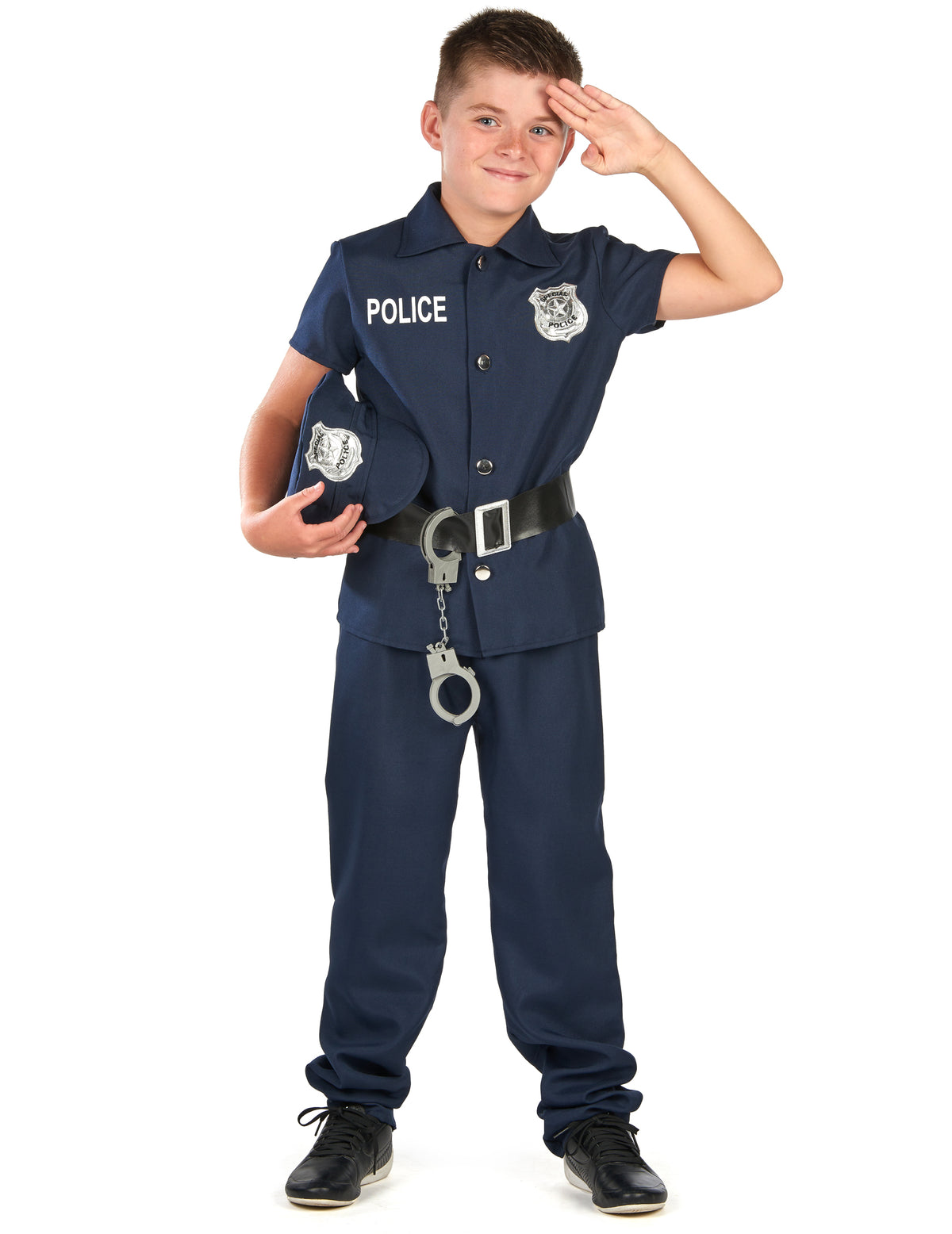 Enfant saluant avec sa casquette du déguisement de policier à manches courtes pour enfant