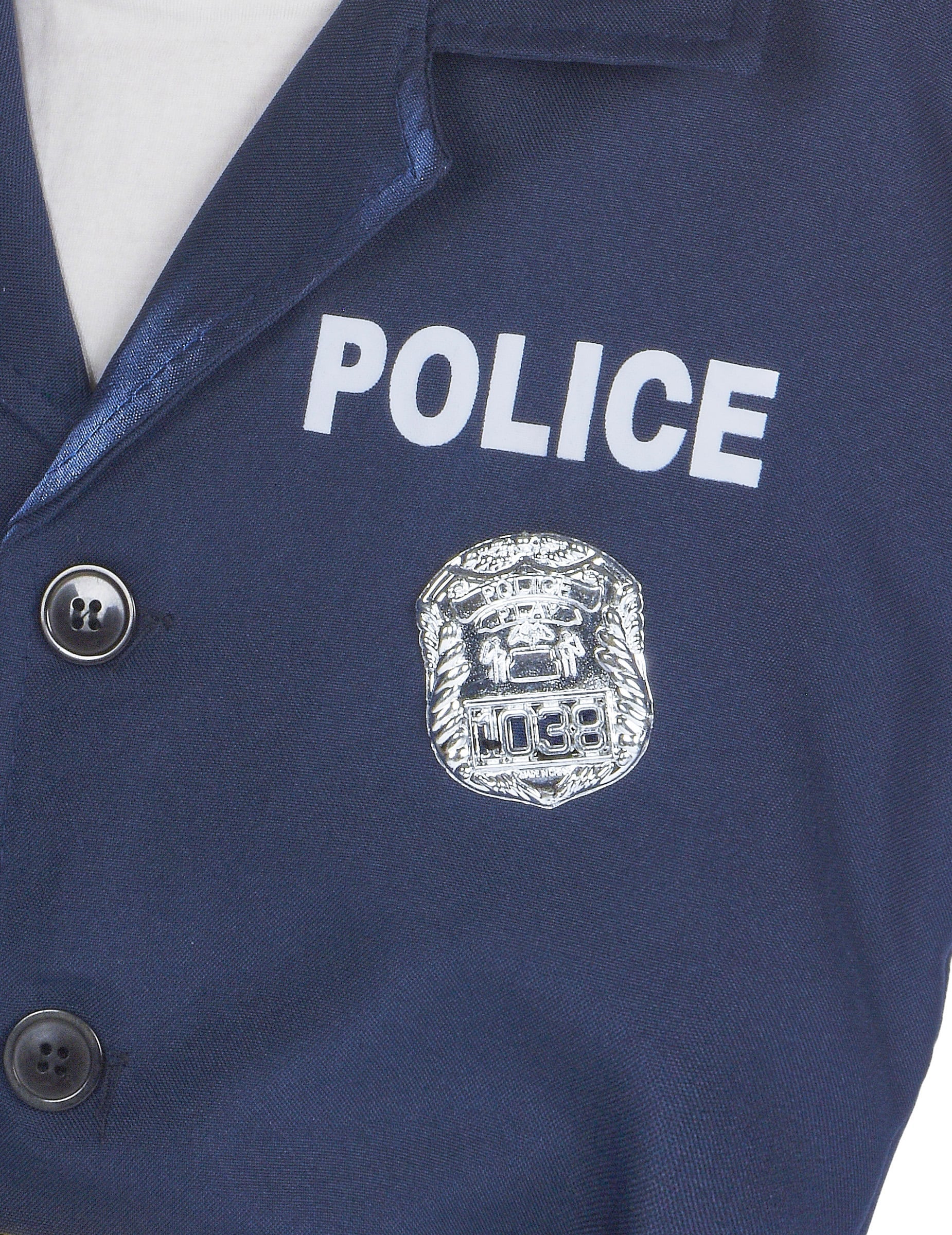 Détail de l'inscription POLICE et du badge du déguisement policier luxe pour garçon