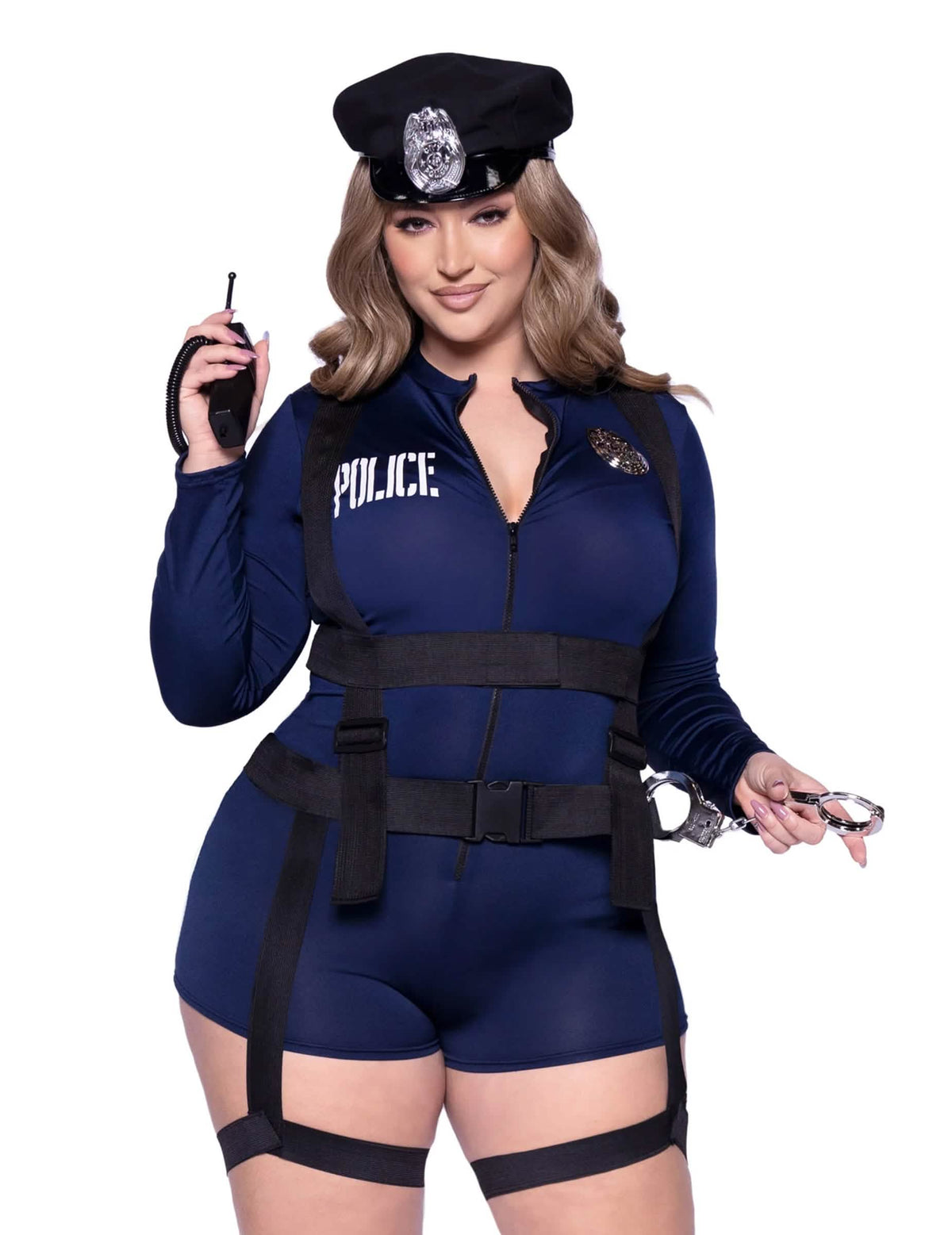 Déguisement policière sexy deluxe pour femme bleu marine avec casquette