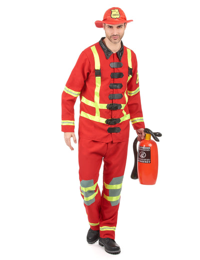 Déguisement de pompier pour homme rouge avec bandes jaunes et casque