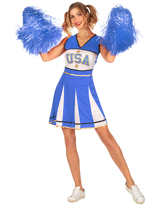 Déguisement de pompom girl USA pour femme bleu avec pompons