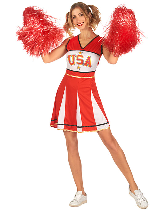 Déguisement pompom girl USA pour femme rouge et blanc avec pompons