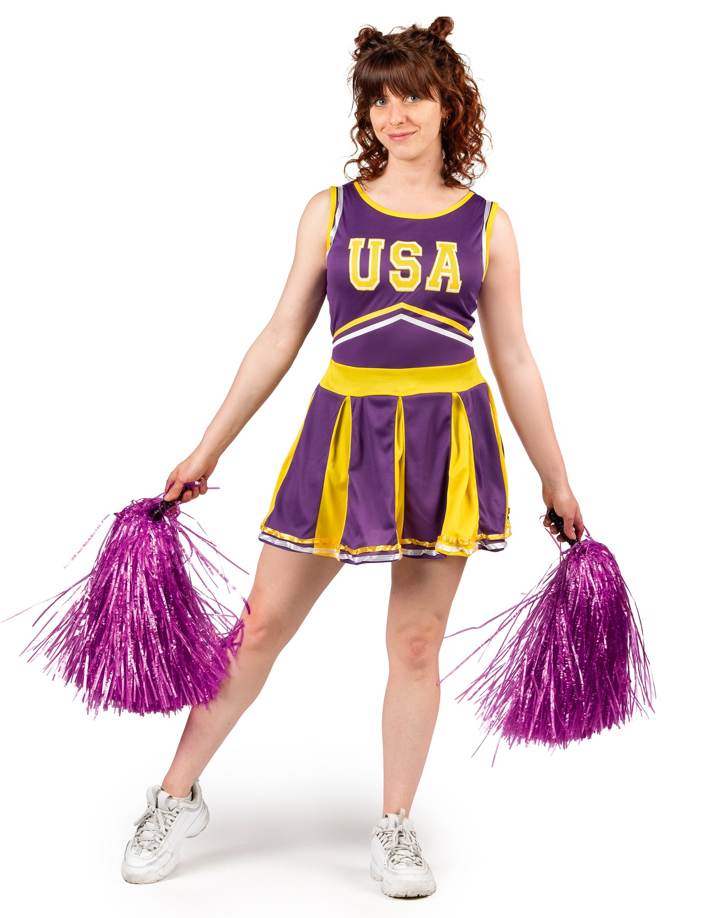 Pompom lány USA Violet és sárga nő jelmez
