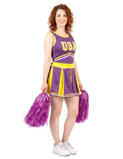 Déguisement pompom girl USA violet et jaune femme