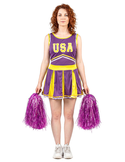 Déguisement pompom girl USA violet et jaune femme