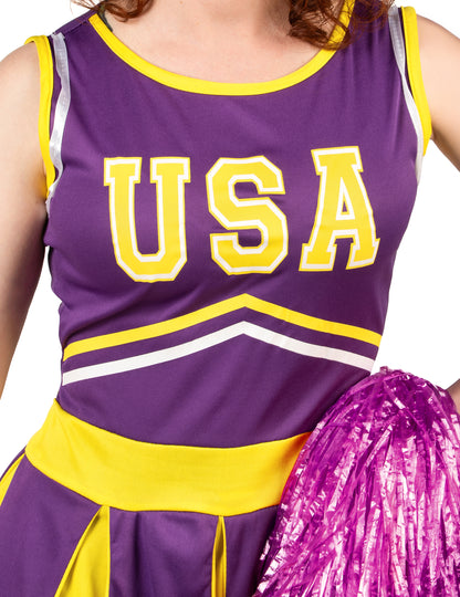 Déguisement pompom girl USA violet et jaune femme