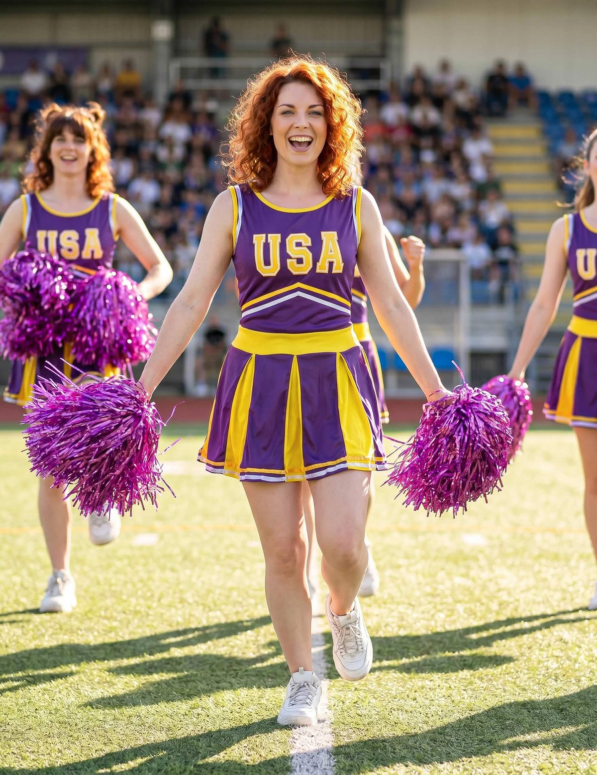 Pompom lány USA Violet és sárga nő jelmez
