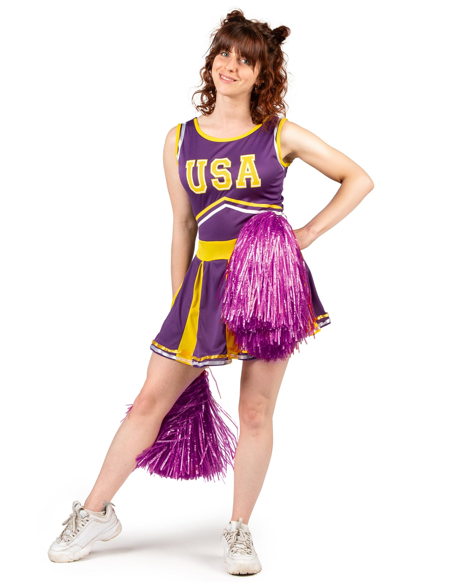 Pompom lány USA Violet és sárga nő jelmez