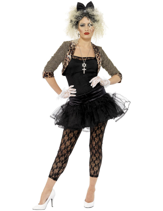 Déguisement pop star années 80 pour femme noir avec veste léopard et tutu
