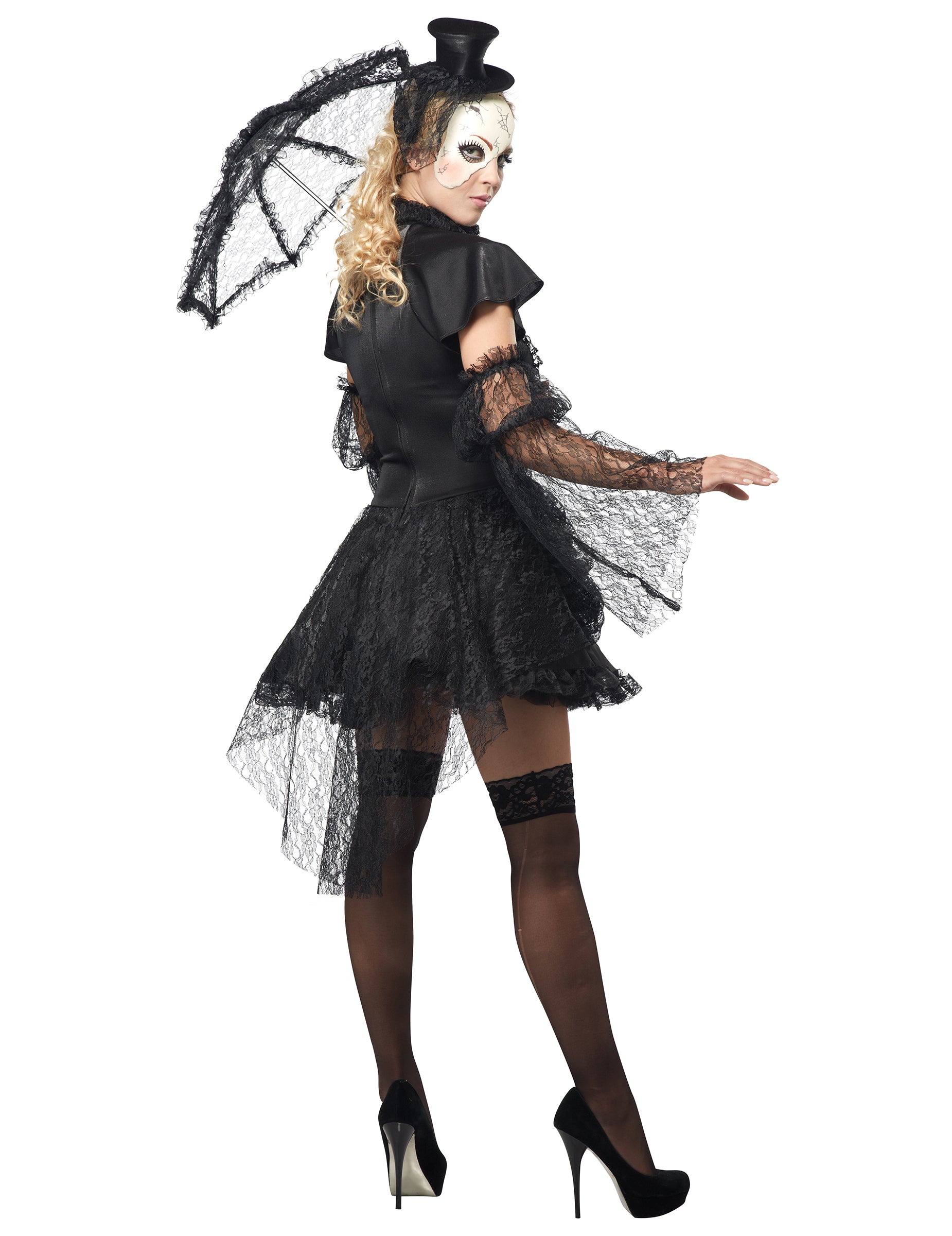 Vue de dos avec ombrelle en dentelle du déguisement poupée gothique