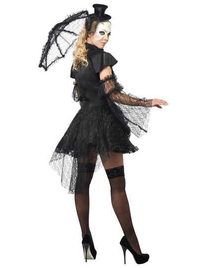 Vue de dos avec ombrelle en dentelle du déguisement poupée gothique