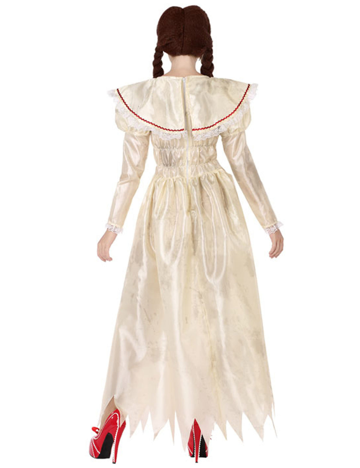 Vue de dos du déguisement de poupée vintage maléfique pour femme