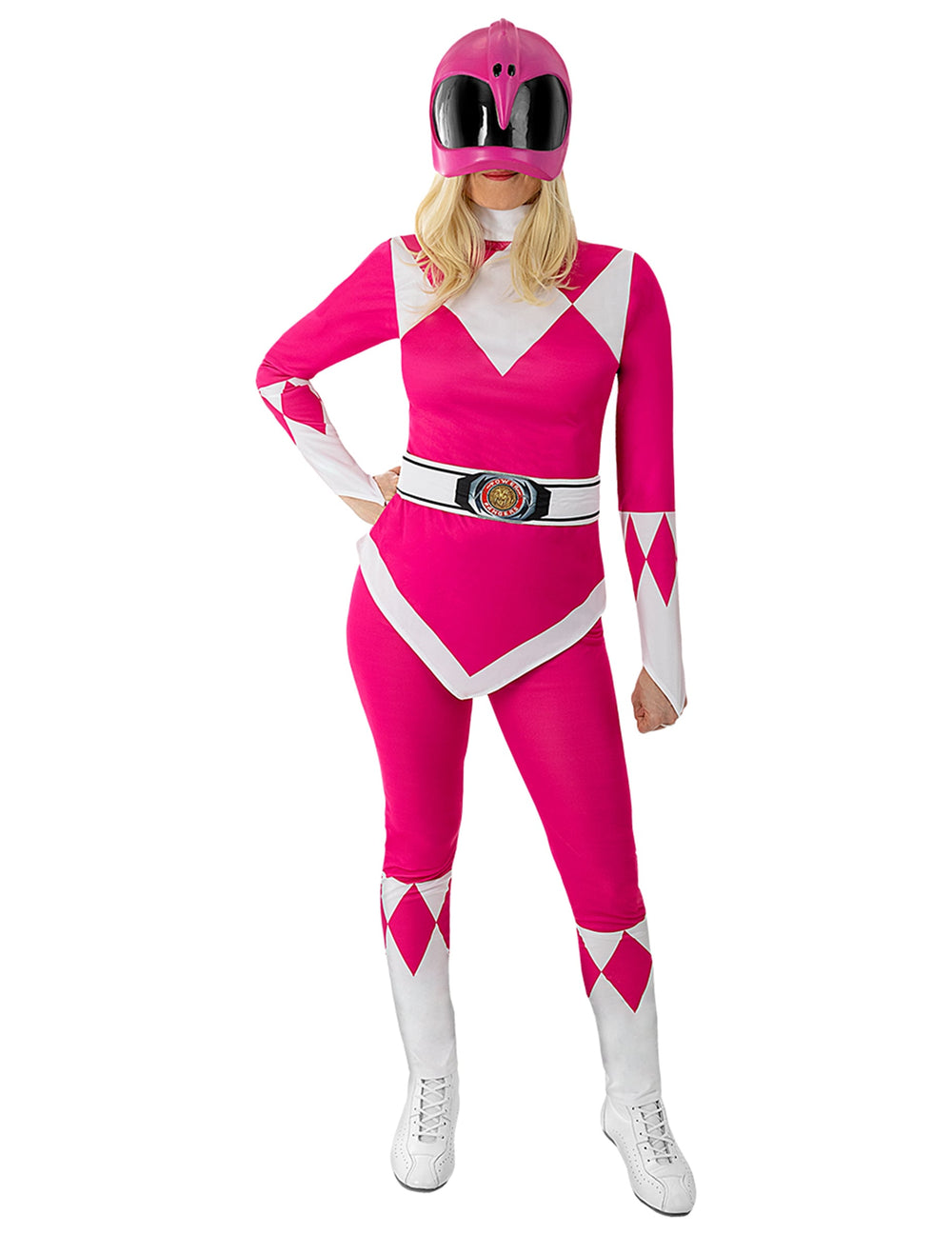 Déguisement Power Ranger rose pour adulte rose et blanc avec casque et ceinture