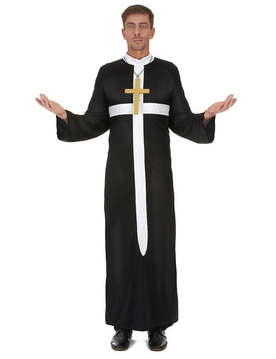 Déguisement de prêtre pour homme noir avec croix blanche et collier doré