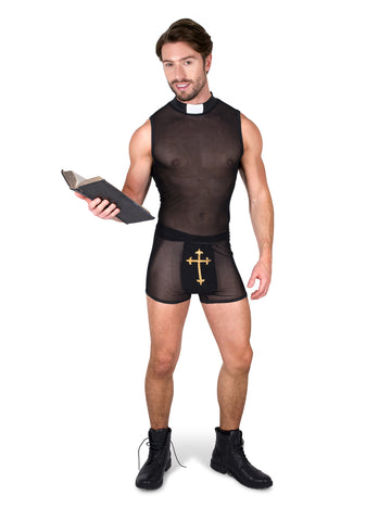 Déguisement de prêtre pécheur pour homme noir transparent avec croix dorée