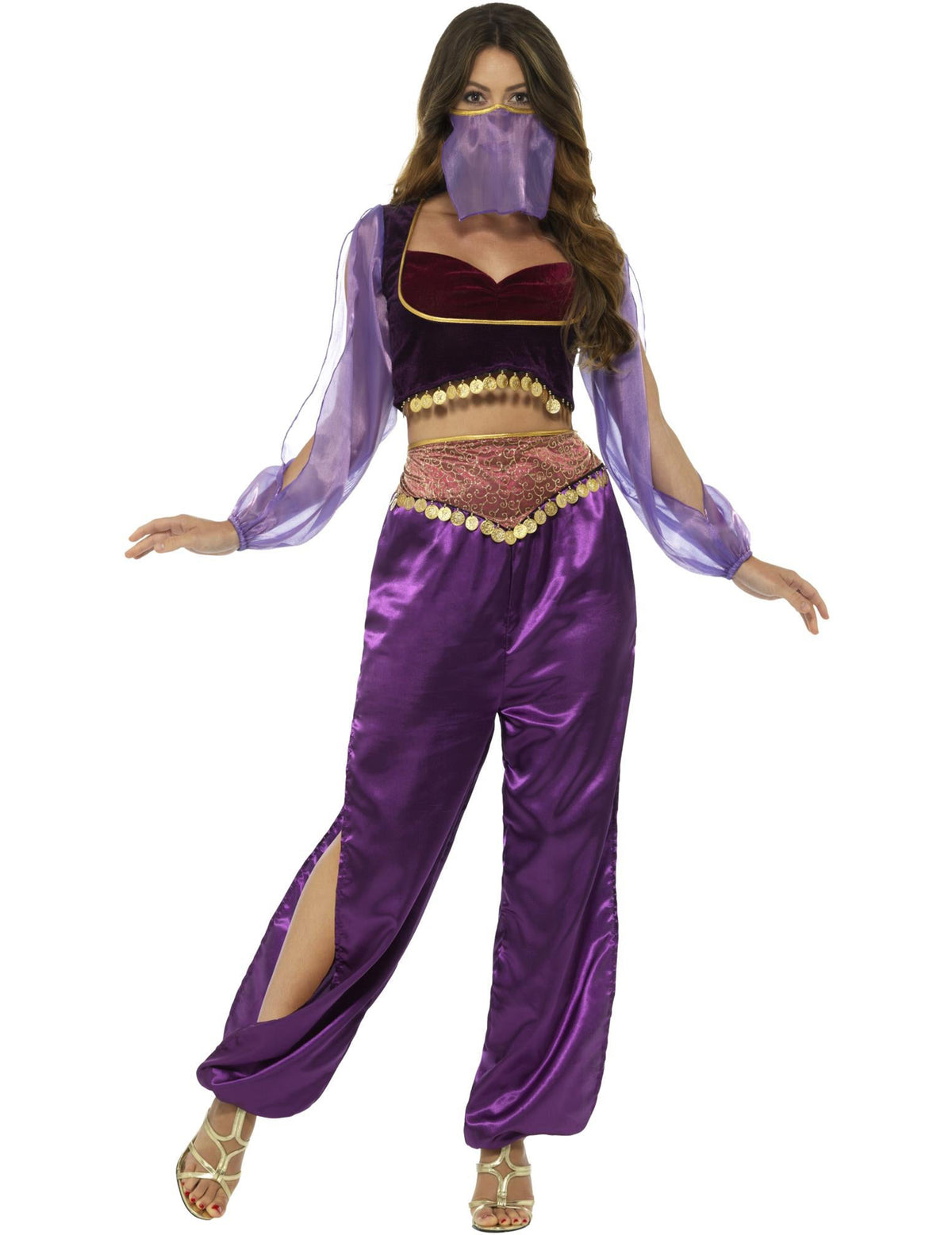 Déguisement de princesse arabe pour femme violette avec voile et sequins dorés