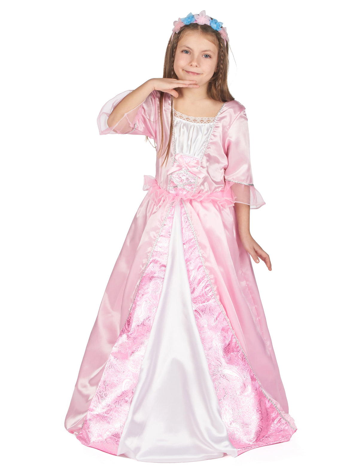 Vue de face du déguisement de princesse avec une couronne à fleurs pour fille
