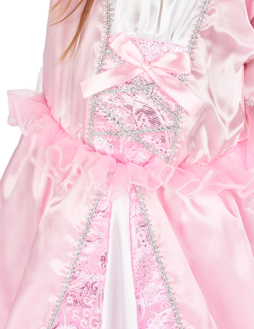 Détail du bustier rose et argenté du déguisement de princesse avec une couronne à fleurs pour fille