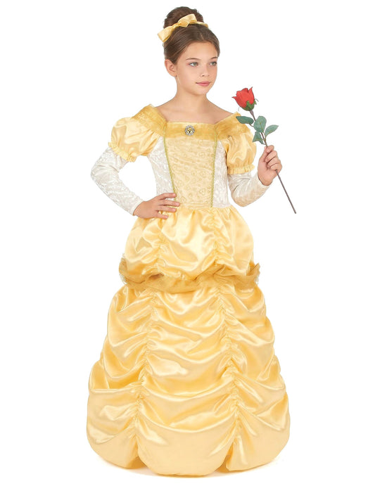 Vue de face avec rose rouge du déguisement de princesse beauté pour fille