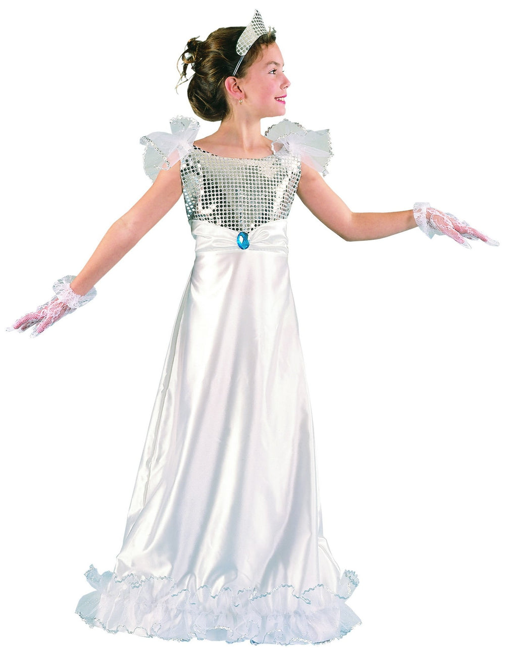 Déguisement de princesse pour fille blanche à sequins argentés avec gants