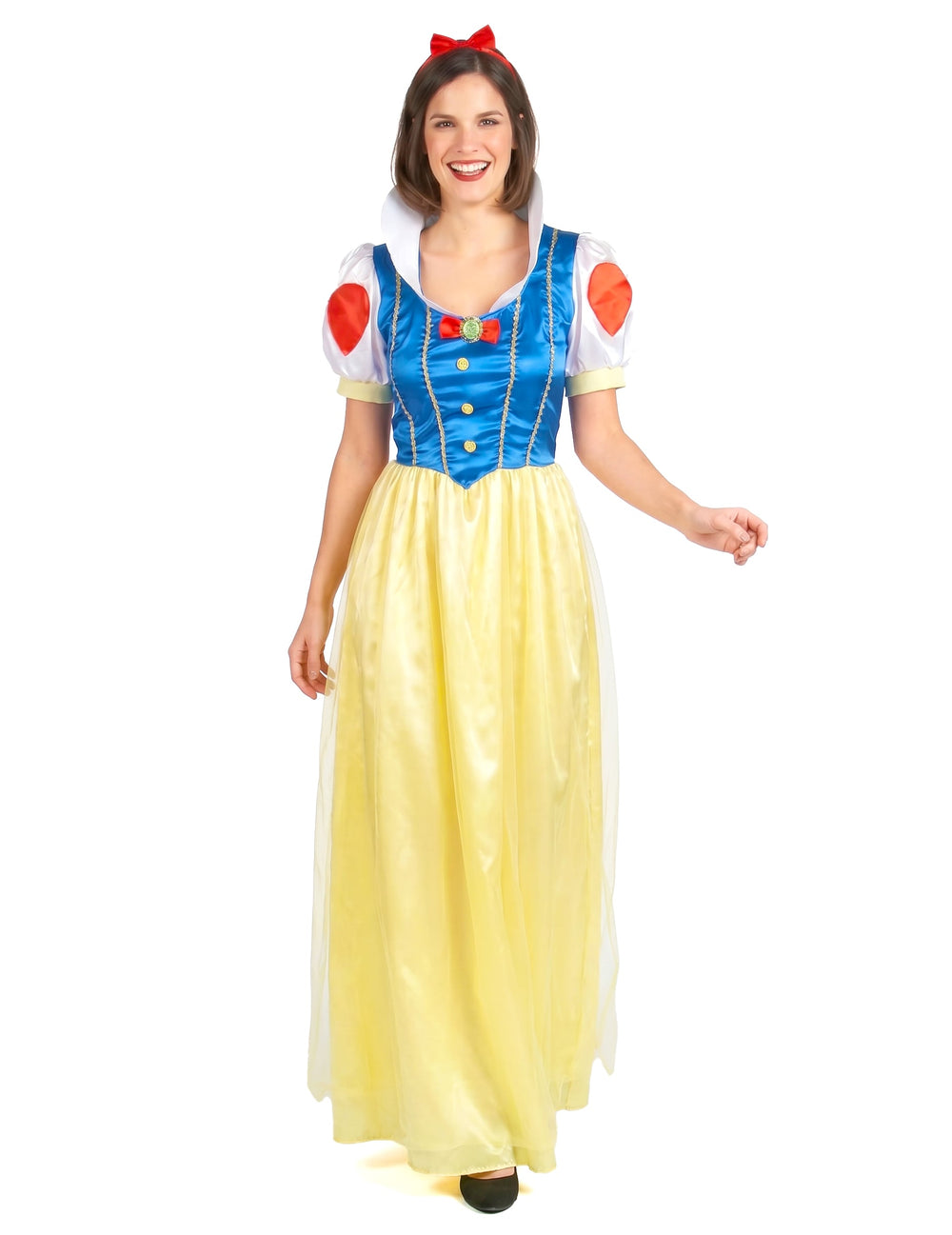 Déguisement de princesse des neiges pour femme bleu et jaune avec serre-tête rouge