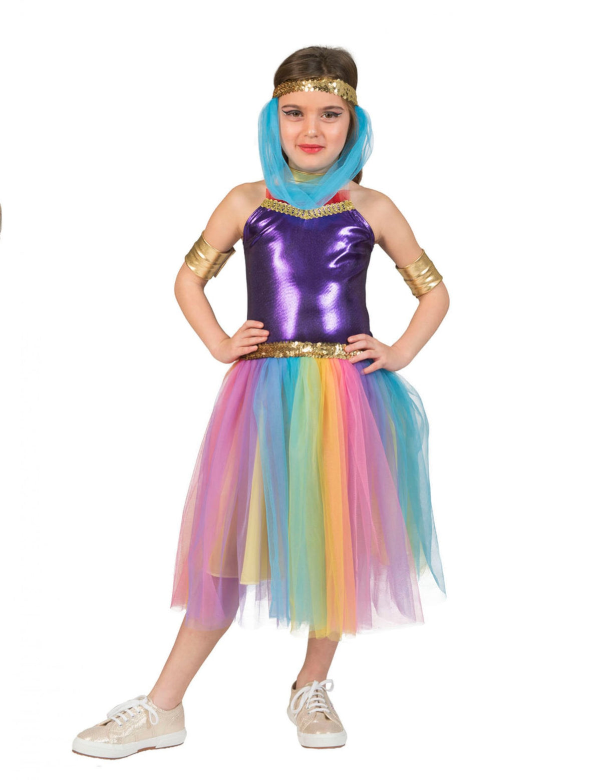 Déguisement de princesse du désert pour fille violet et arc-en-ciel avec jupon en tulle et voile bleu