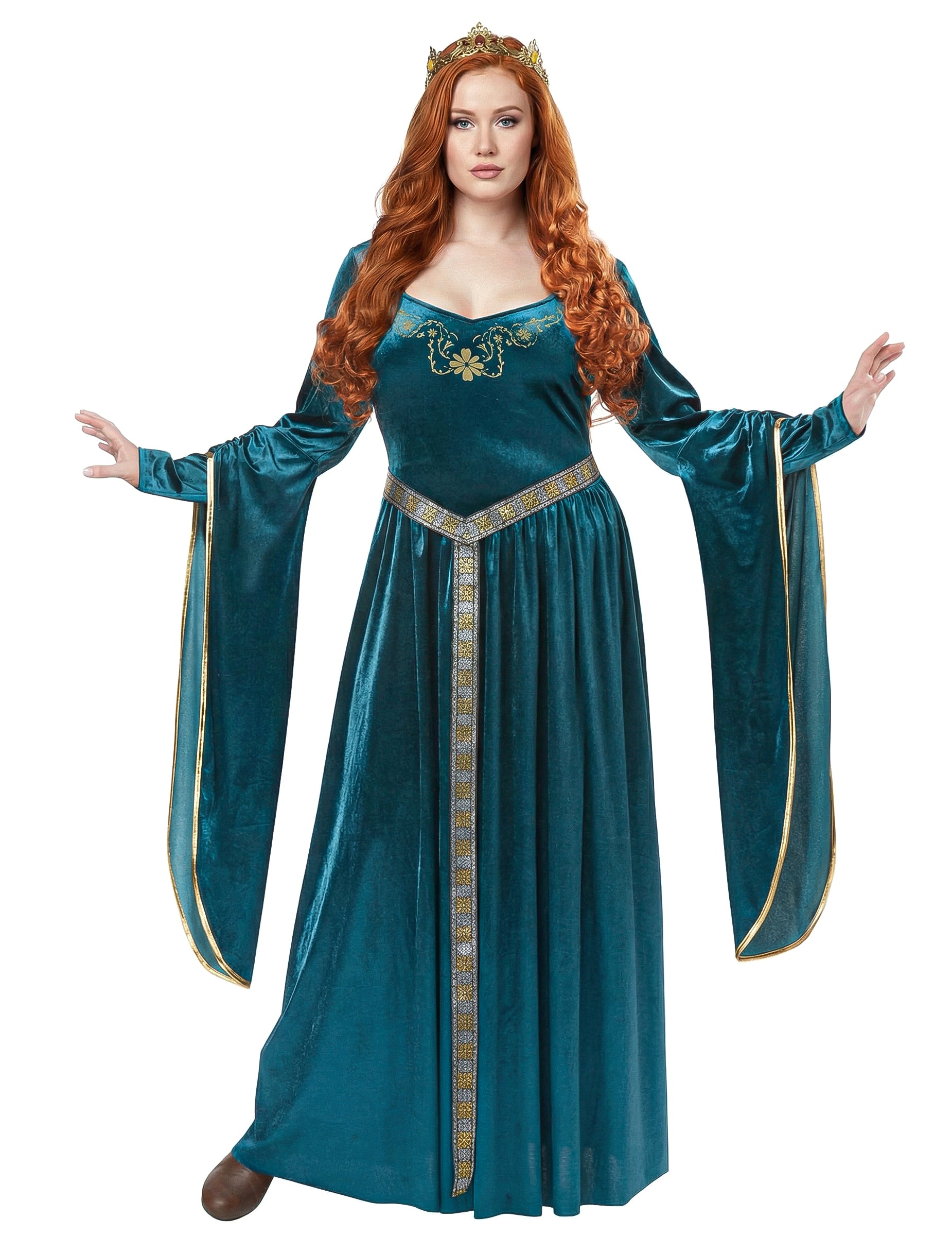 Déguisement de princesse médiévale pour femme bleue en velours avec couronne