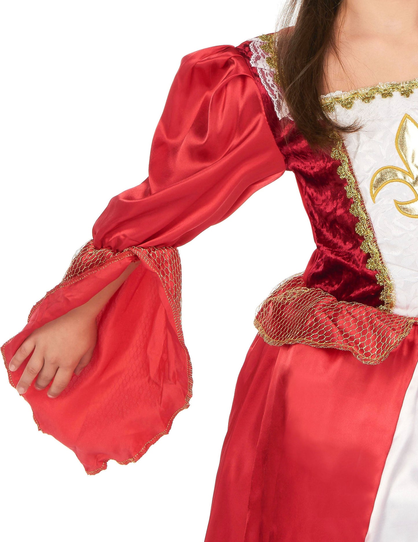 Détail de la manche et du bustier du déguisement de princesse médiévale effet satiné