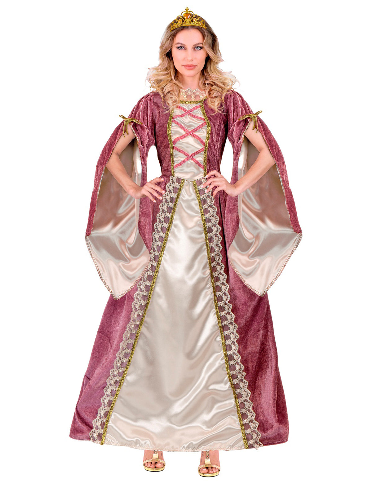 Déguisement de princesse médiévale pour femme rose et blanche avec couronne dorée