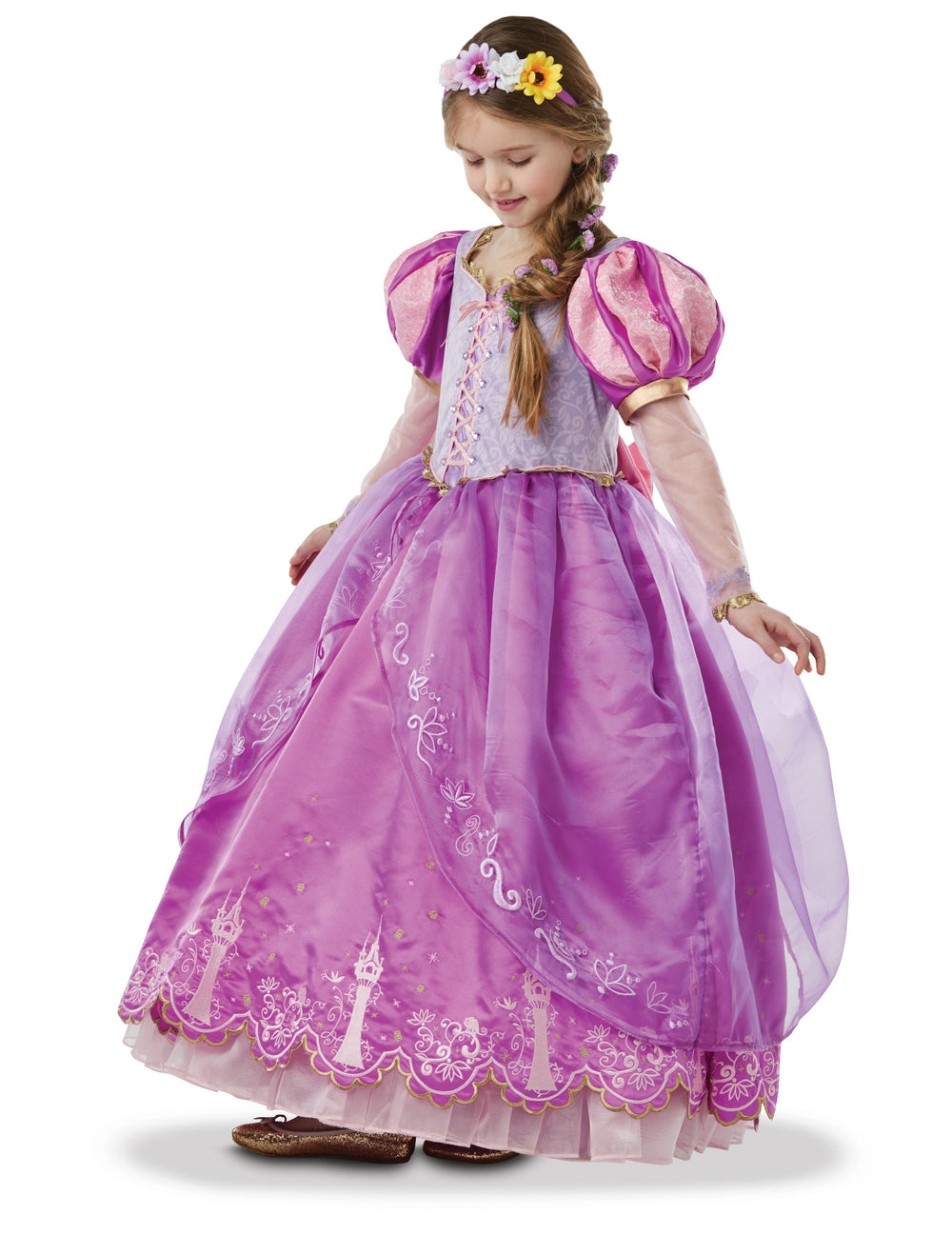 Déguisement Princesse Raiponce collector pour fille violet et rose avec serre-tête fleuri