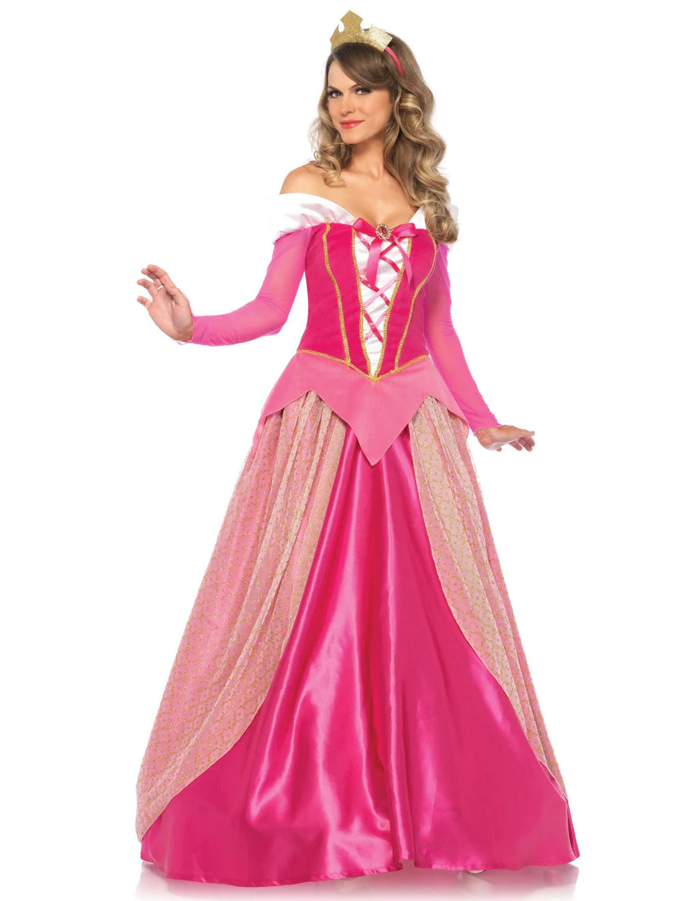 Déguisement de princesse luxe pour femme rose avec couronne dorée