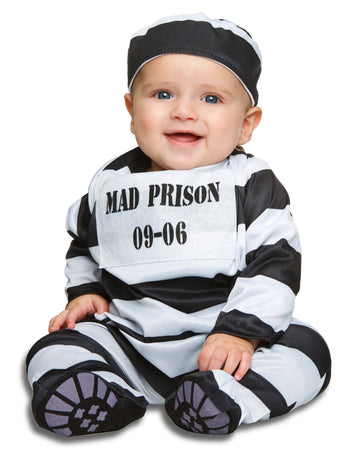 Déguisement de prisonnier rayé pour bébé noir et blanc avec bonnet