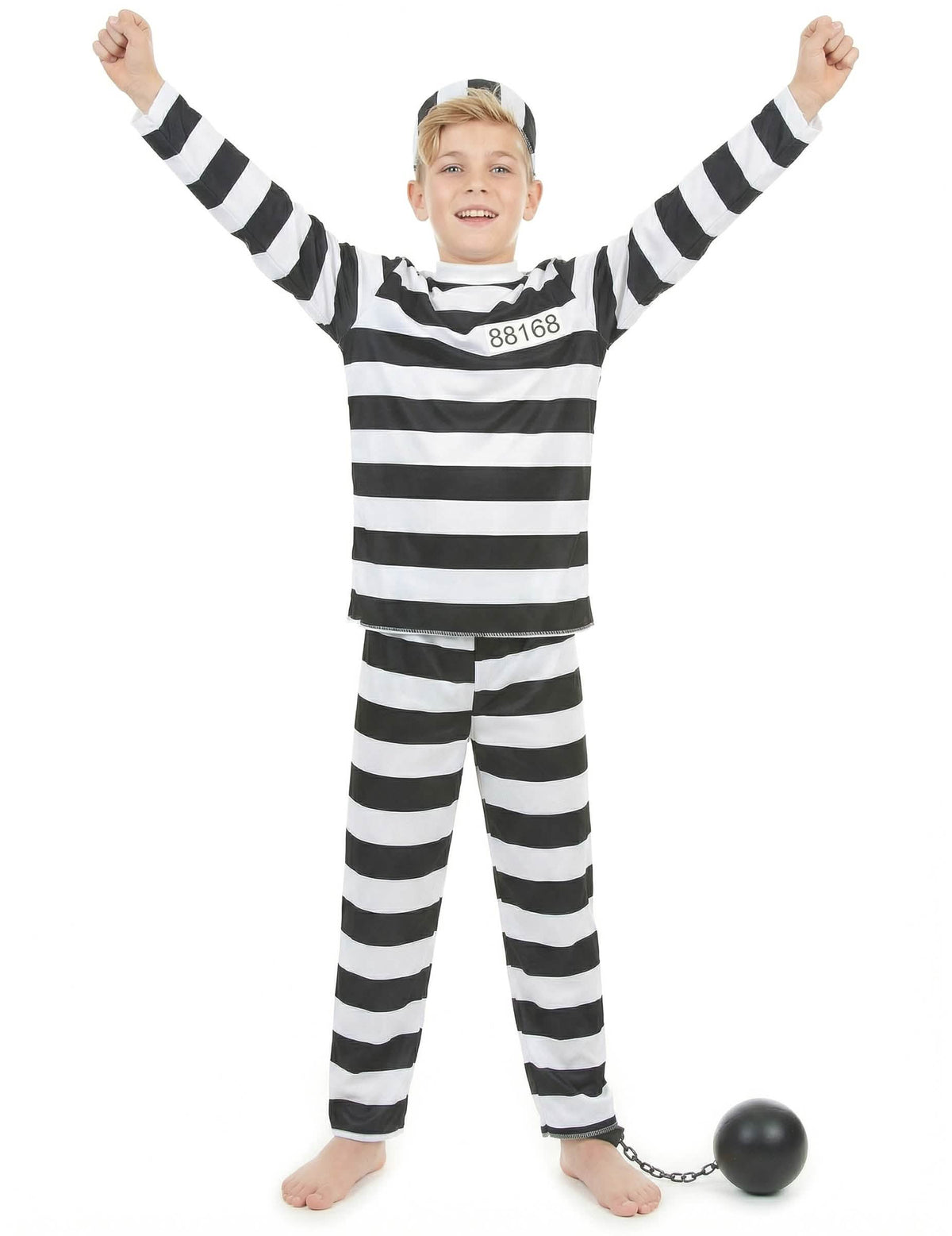 Vue de face les bras levés du déguisement de prisonnier pour enfant