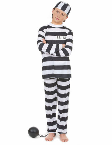 Fekete-fehér csíkos gyermek börtönszerű jelmez sapkával