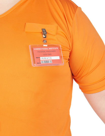 Détail du badge d'identification du déguisement de prisonnier pour adulte