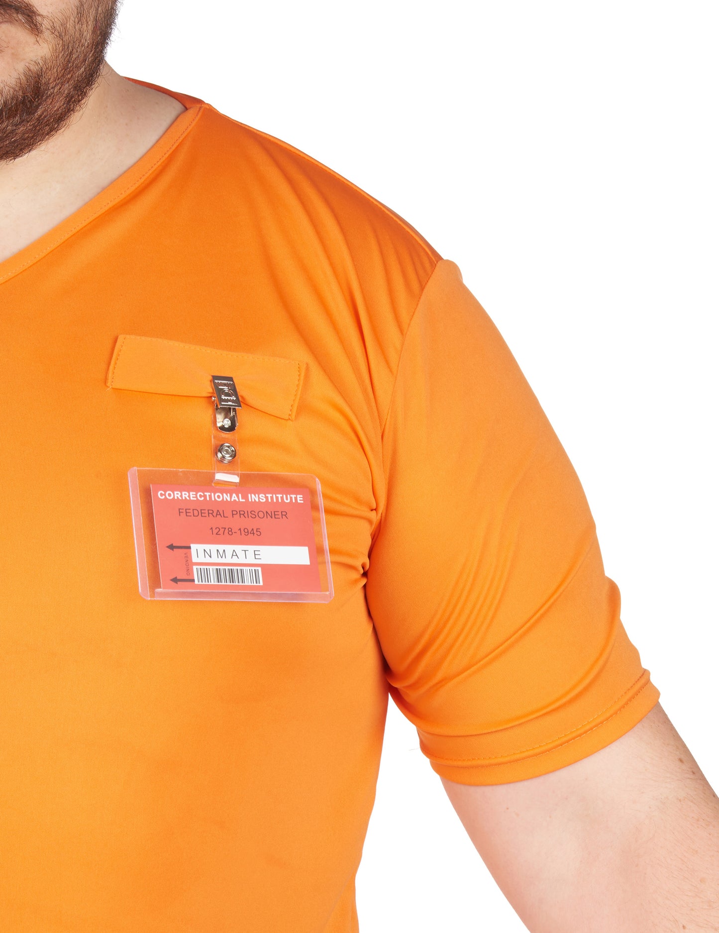 Détail du badge d'identification du déguisement de prisonnier pour adulte