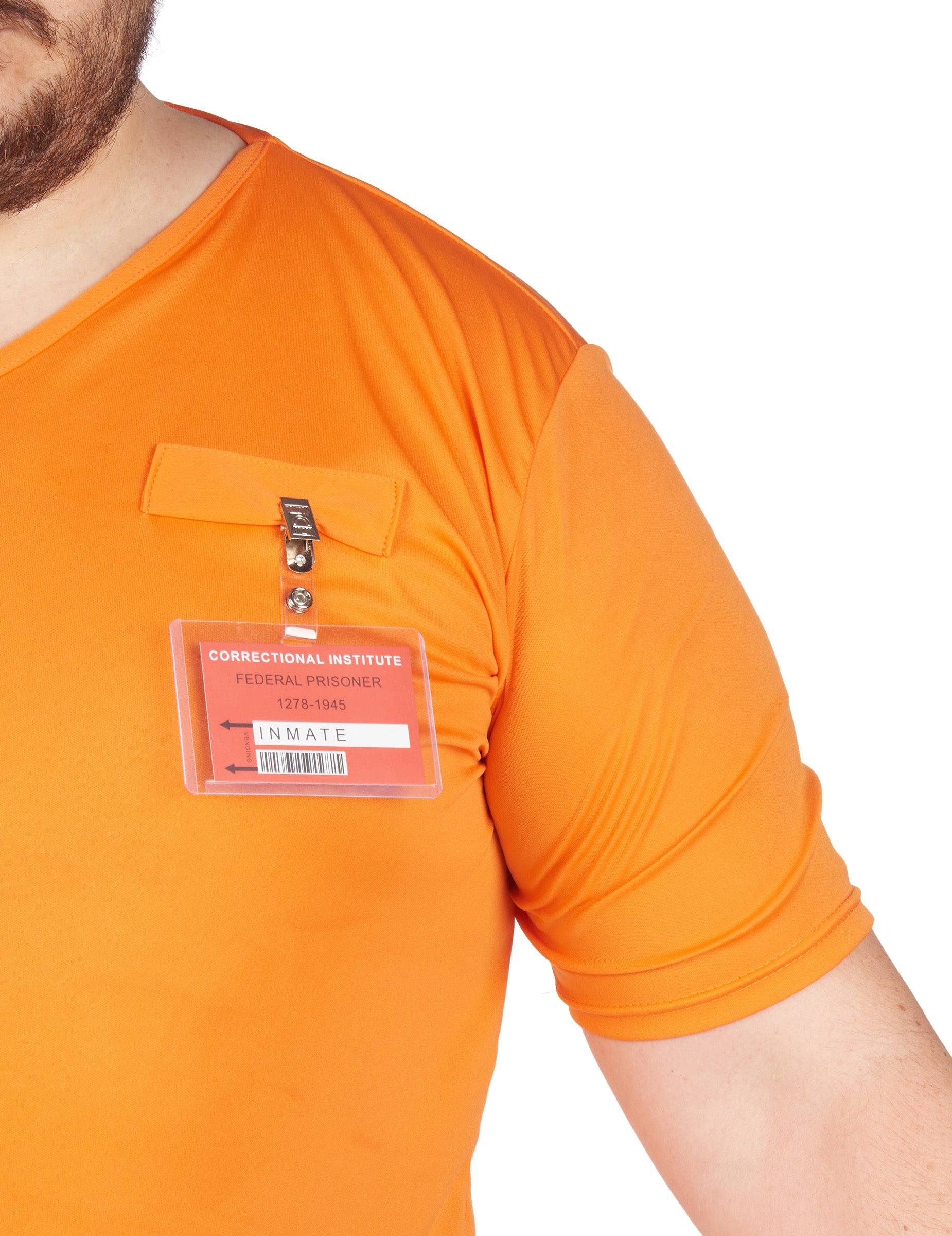 Détail du badge d'identification du déguisement de prisonnier pour adulte