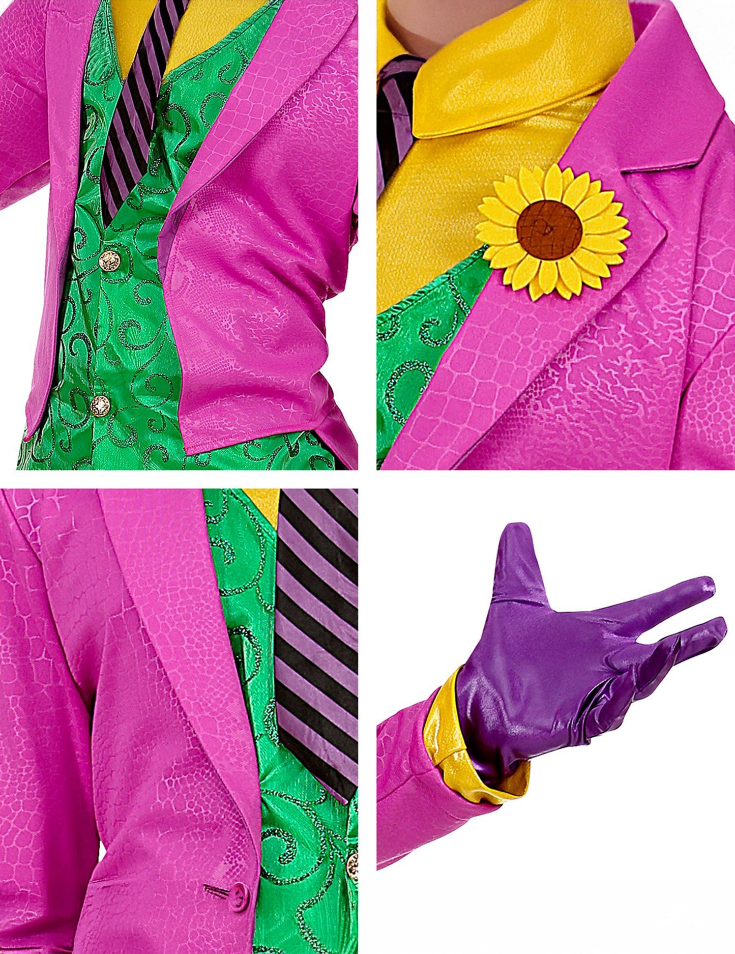 Détails de la fleur, du gilet et du gant du déguisement psychopathe fou pour homme