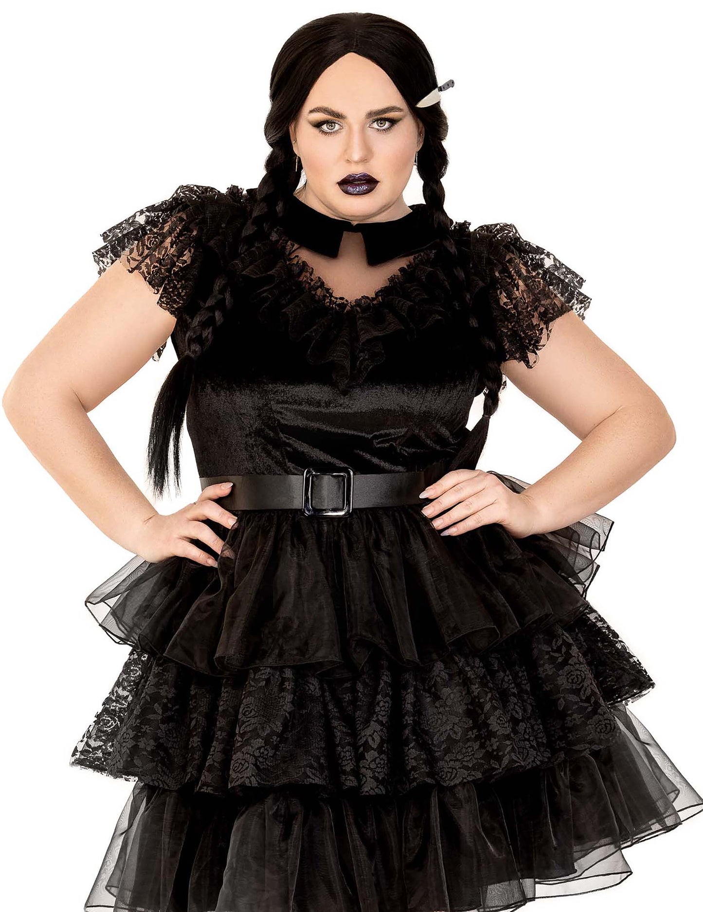 Déguisement rebelle gothique sexy pour femme noir avec dentelle et ceinture