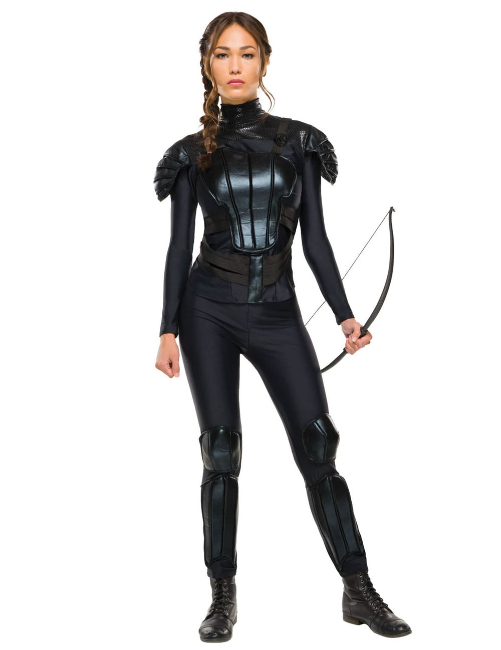 Katniss Hunger Games™ női lázadó jelmez fekete páncéllal és íjjal