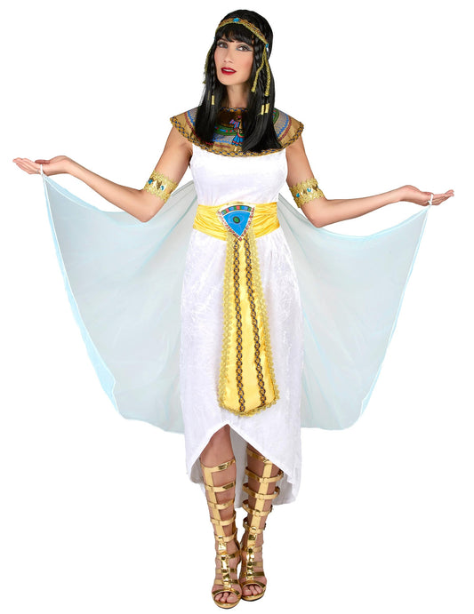 Déguisement reine d'Égypte pour femme blanc et doré avec voile bleu ciel