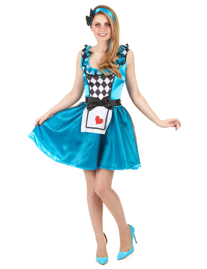 Déguisement Alice au pays imaginaire pour femme bleu avec tablier à coeur et motifs damier