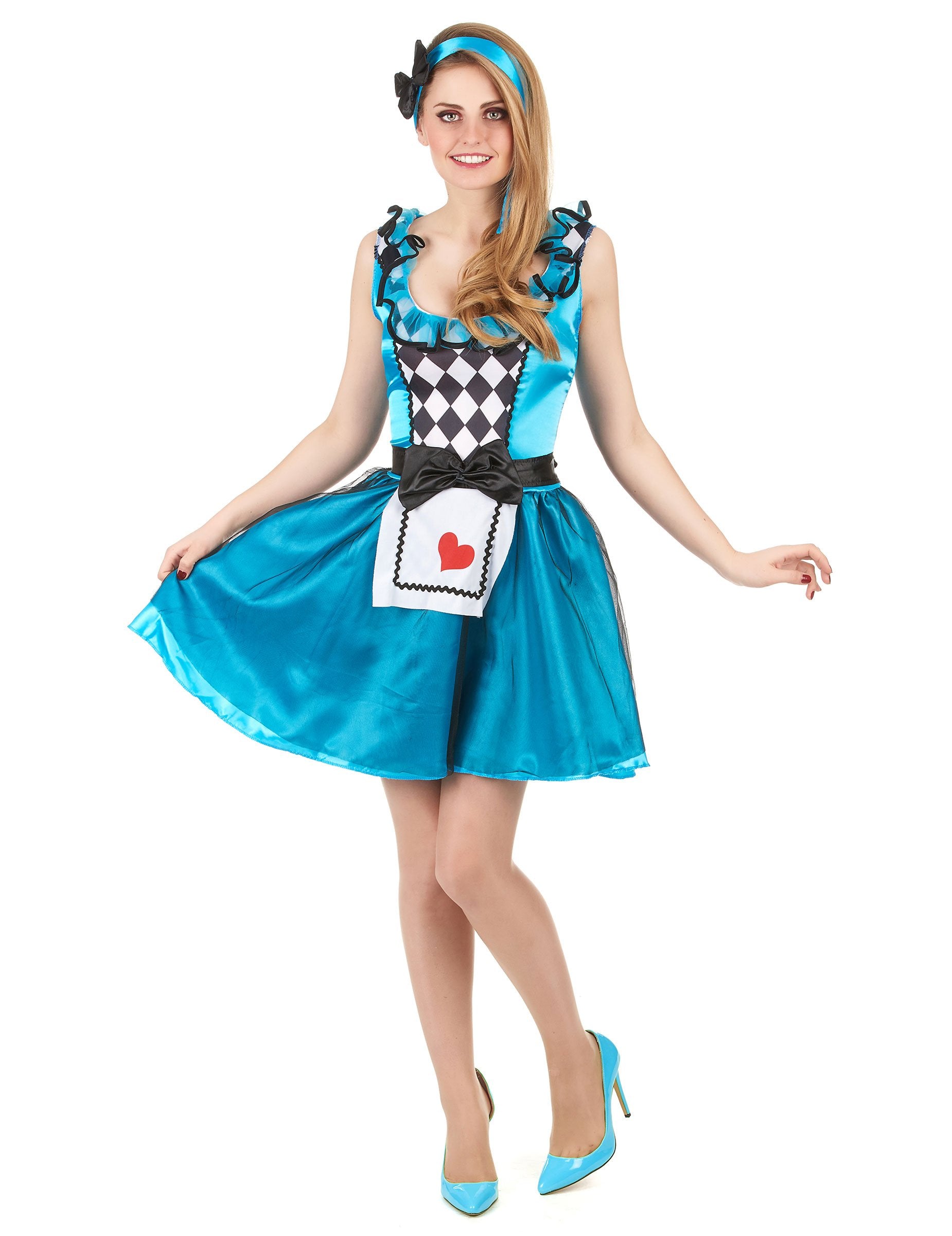 Női kék Alice csodaországban jelmez kockás kötényel és piros szívvel