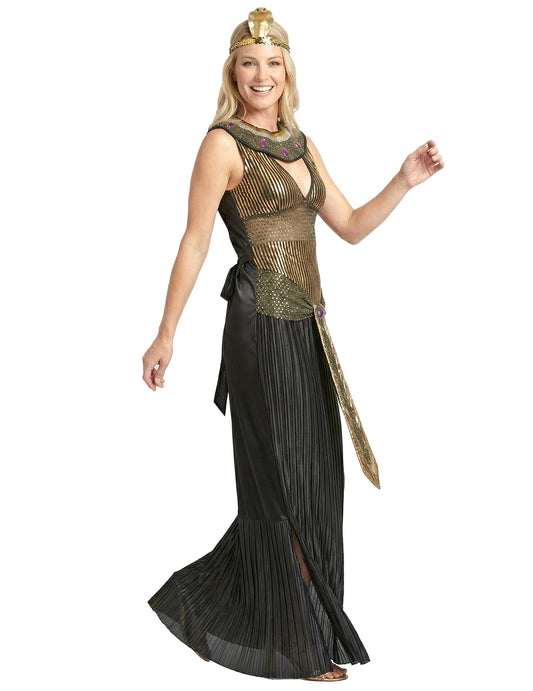 Déguisement de reine du Nil Egypte pour femme noir et or avec bandeau de serpent